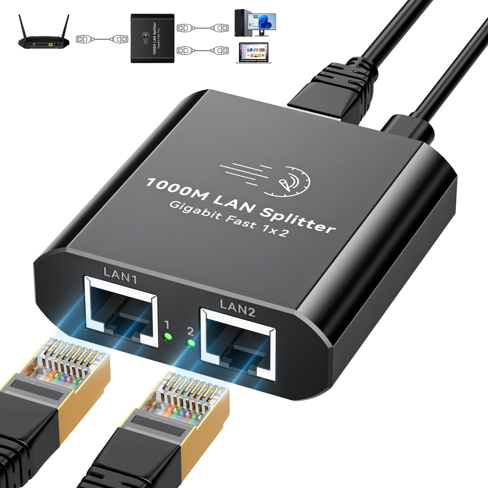 Gigabit 1000Mbps Ethernet Splitter 1 to 2 Dual LAN Ports Network Router Switch