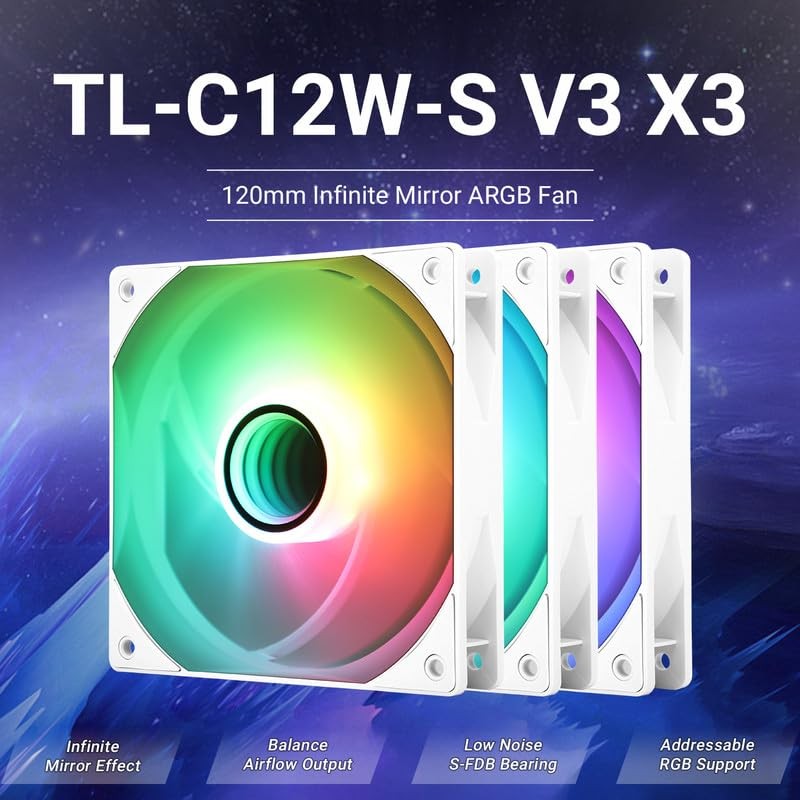 TLC12WS V3 X3 120mm ARGB CPU Fan White 1500RPM PWM PC Cooling 3 PCS Set