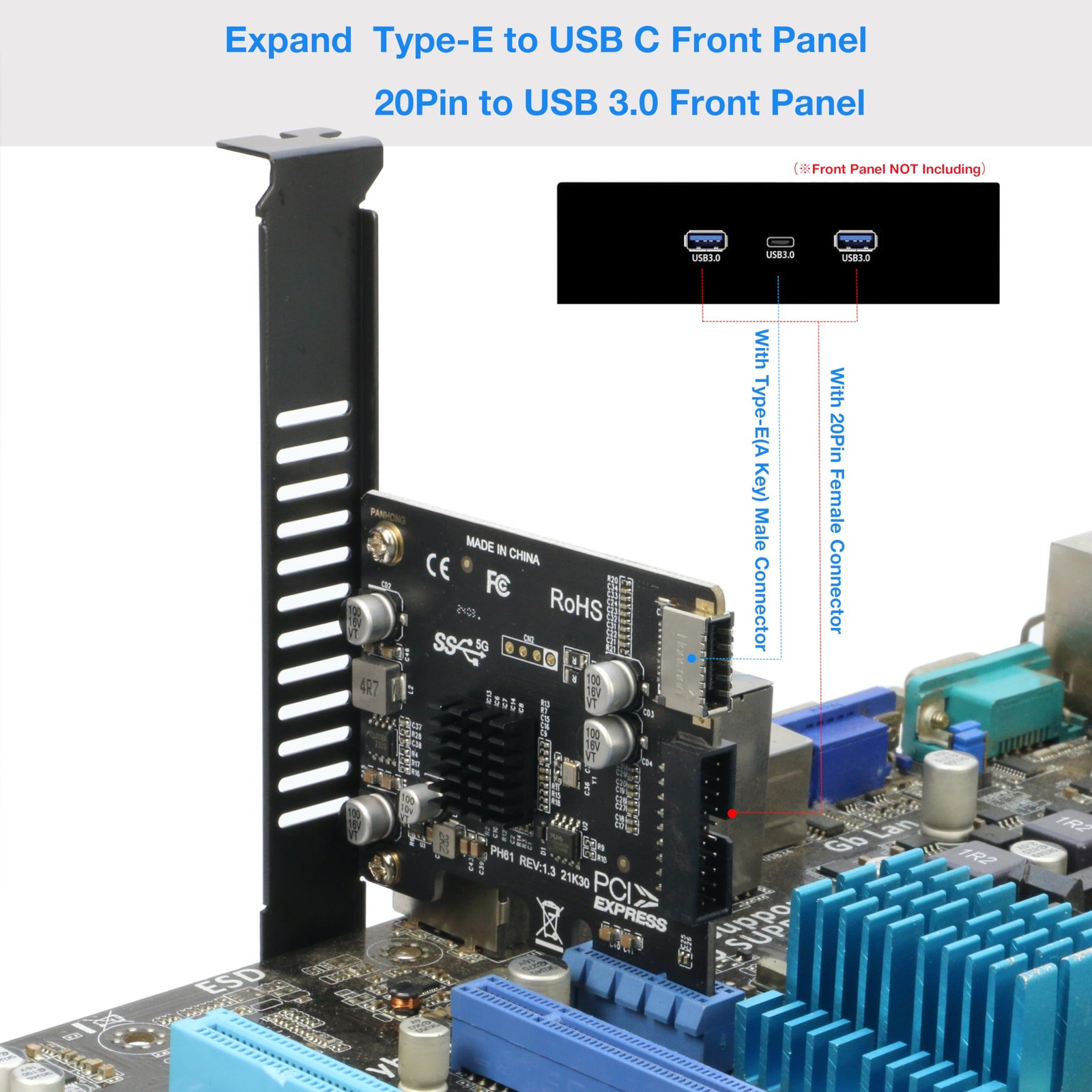 PCIe to 20Pin + Type-E Internal Card, PCI-e x1 to (19+1) Pin USB 3.0 Socket a…