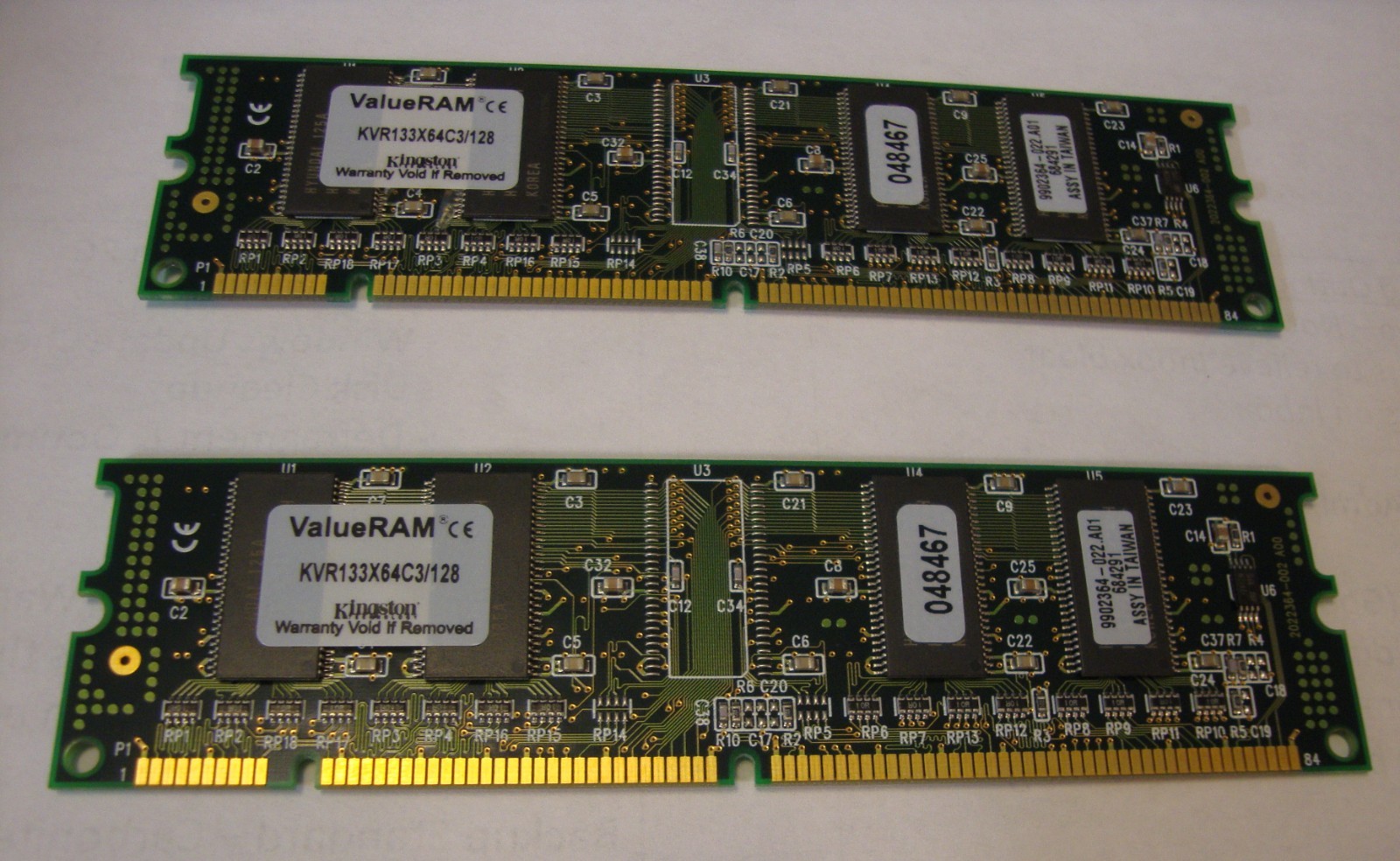 Two (2) Kingston PC133 128 MB DIMM 133 MHz SDRAM Memory (KVR133X64C3/128 CE)