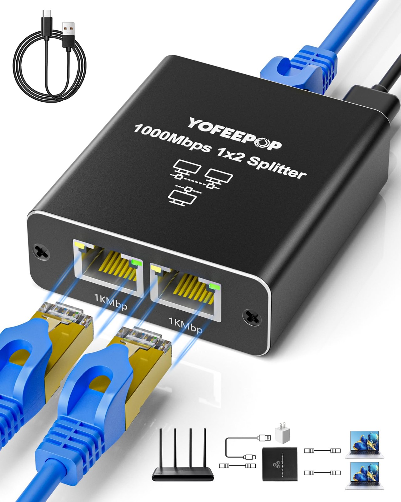 Gigabit 1000Mbps Ethernet Splitter 1 to 2 Dual RJ45 LAN Switch USB C Cable