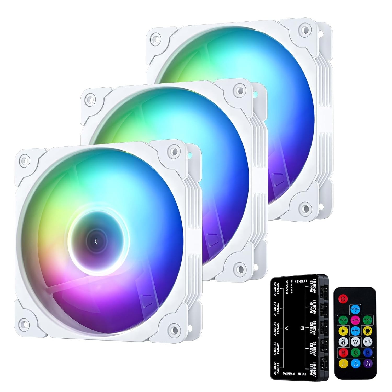 Vetroo 3-Pack Computer Case Fan 120mm ARGB & PWM Fans w/ Controller Hub – White