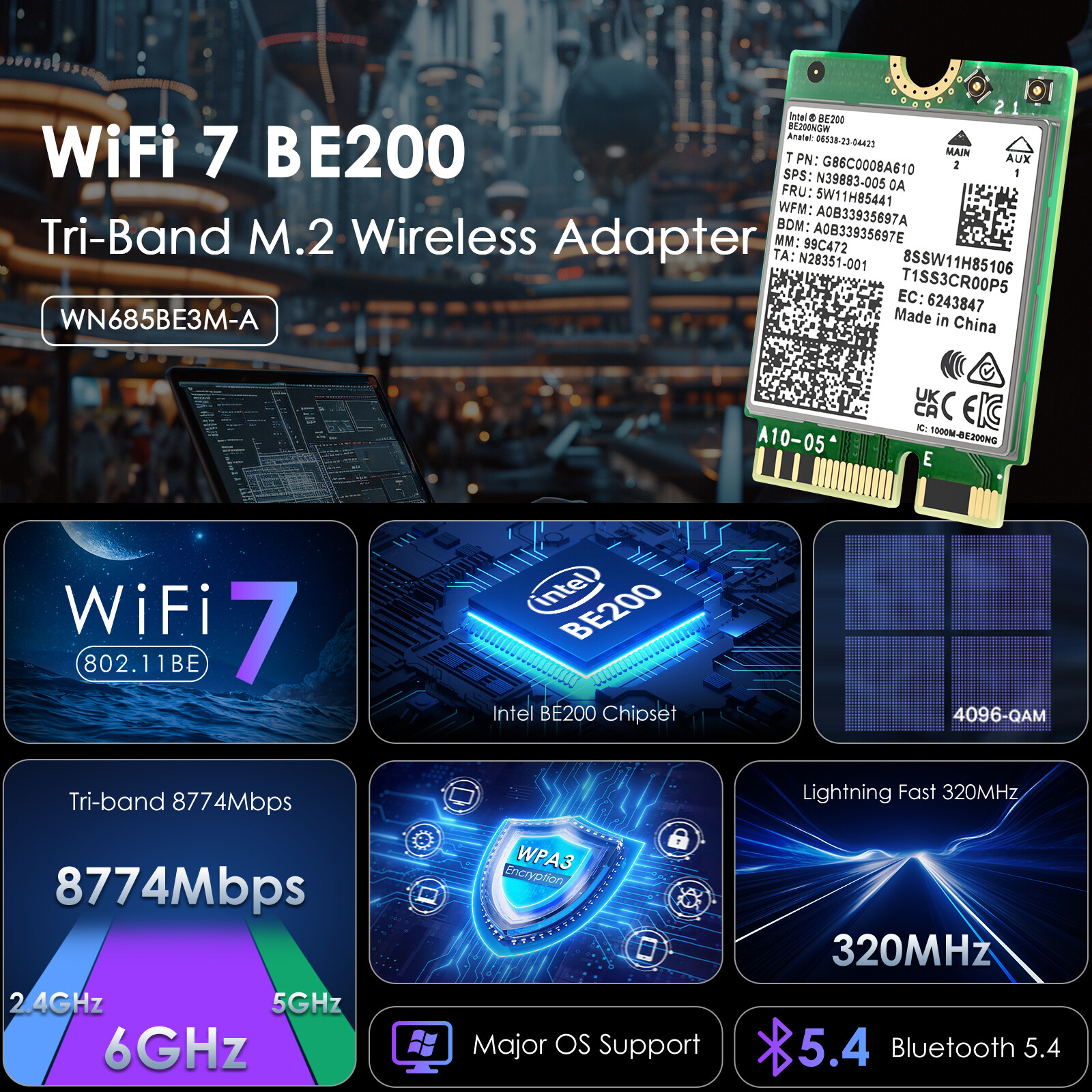 WAVLINK WiFi 7 BE8800 Tri-Band Card 8774Mbps BT 5.4 M.2 E-Key Win 10/11