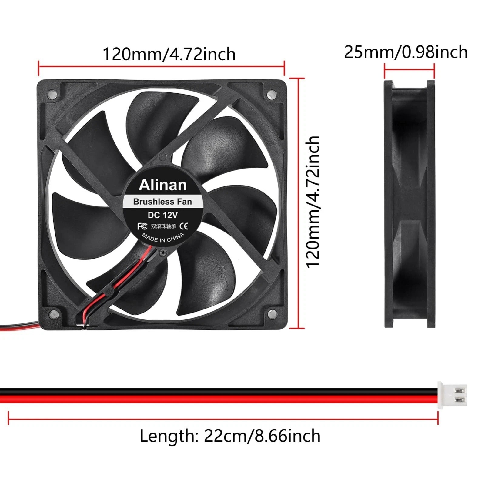 2Pcs 12025 120Mm X 25Mm 12V 5 Inch Dual Ball Bearings Brushless Fan 2Pin DC Cool