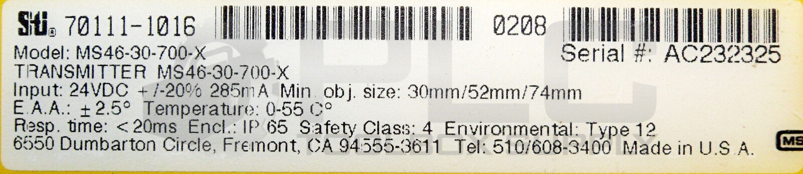 STI MS46-30-700-X LIGHT CURTAIN TRANSMITTER MINI SAFE 4600 MS4630700X 70111-1016