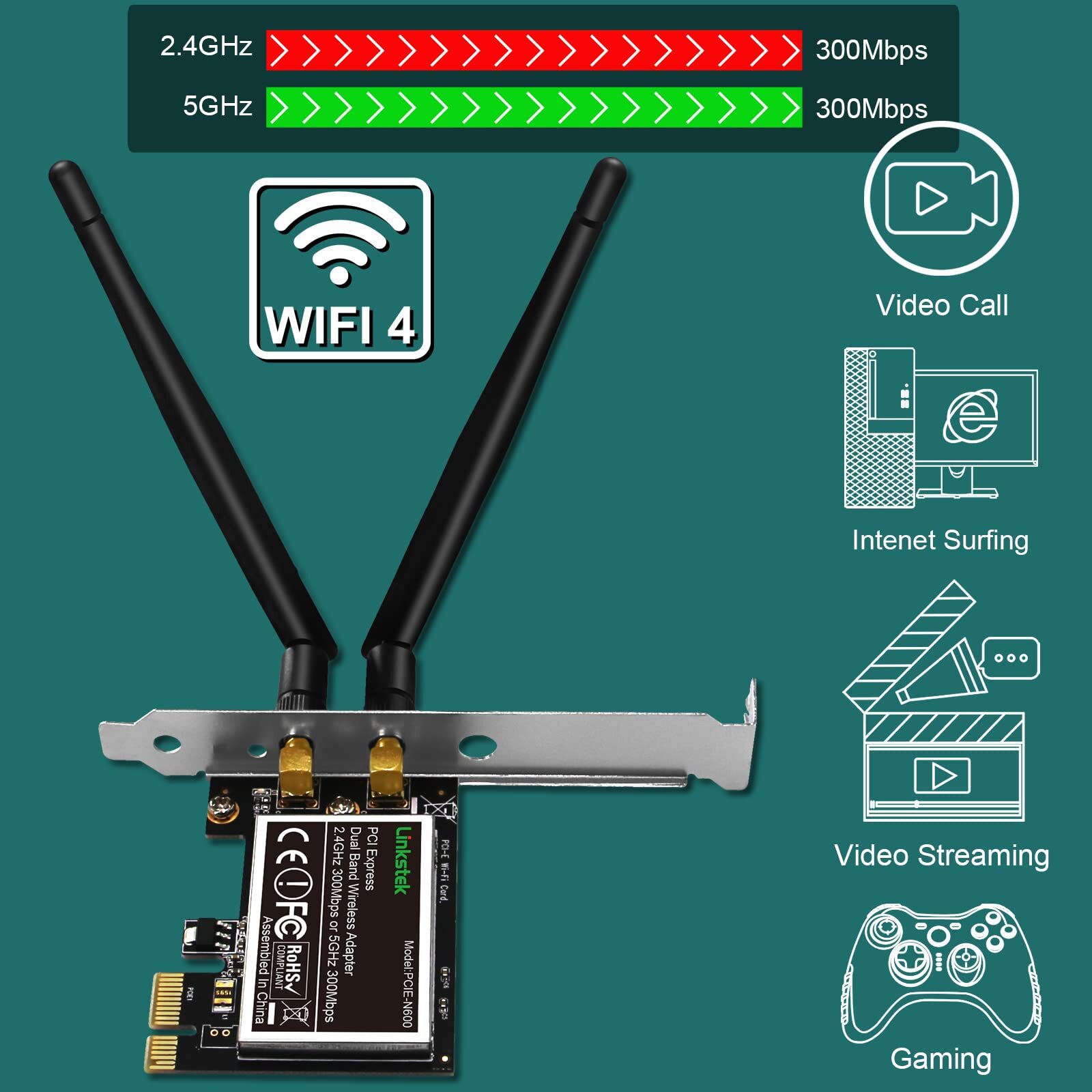 Wireless N 600mbps 2.4ghz 300mbps And 5ghz 300mbps Pcie Wifi Adapter Pcie Wifi