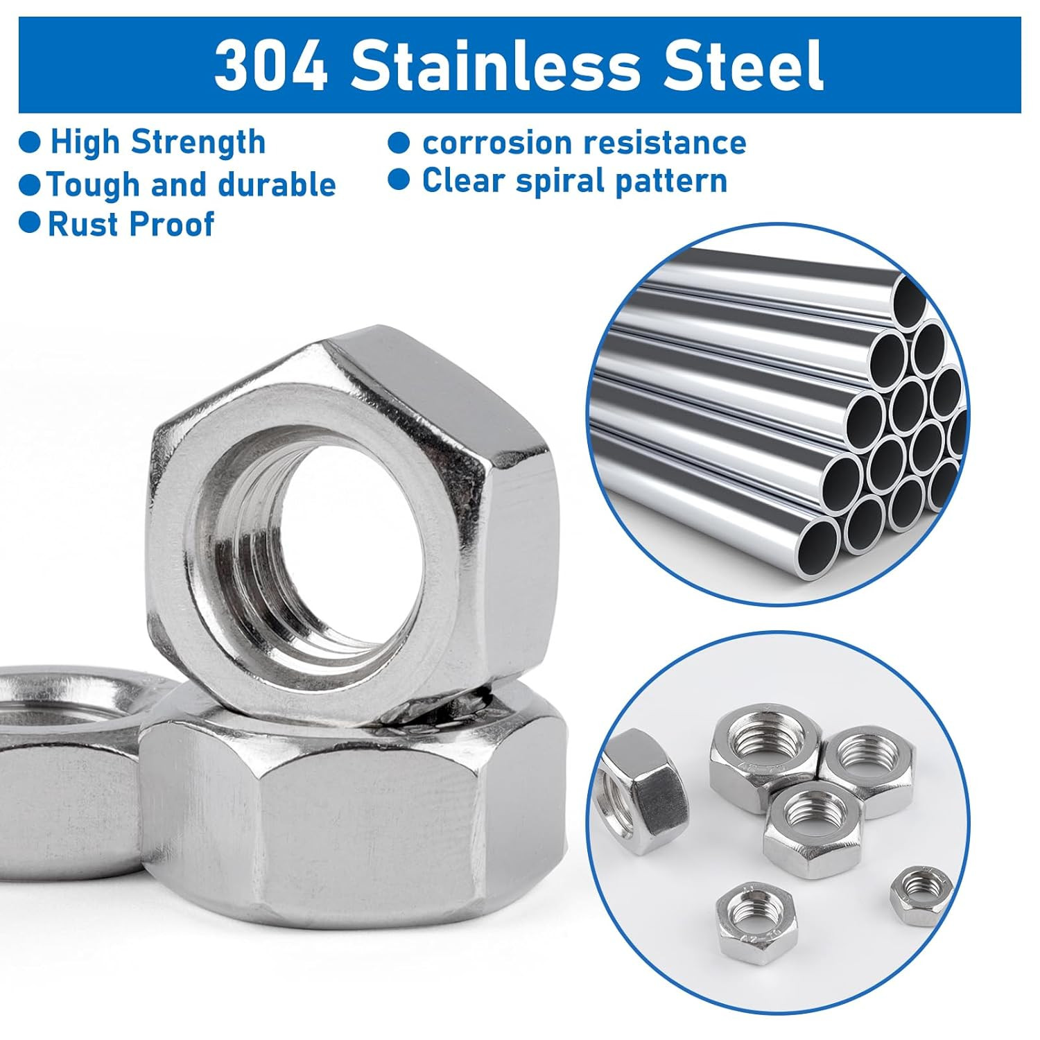 237Pcs Hex Nuts 304 Stainless Steel Hardware Nuts 7 Sizes Coarse Thread Nuts