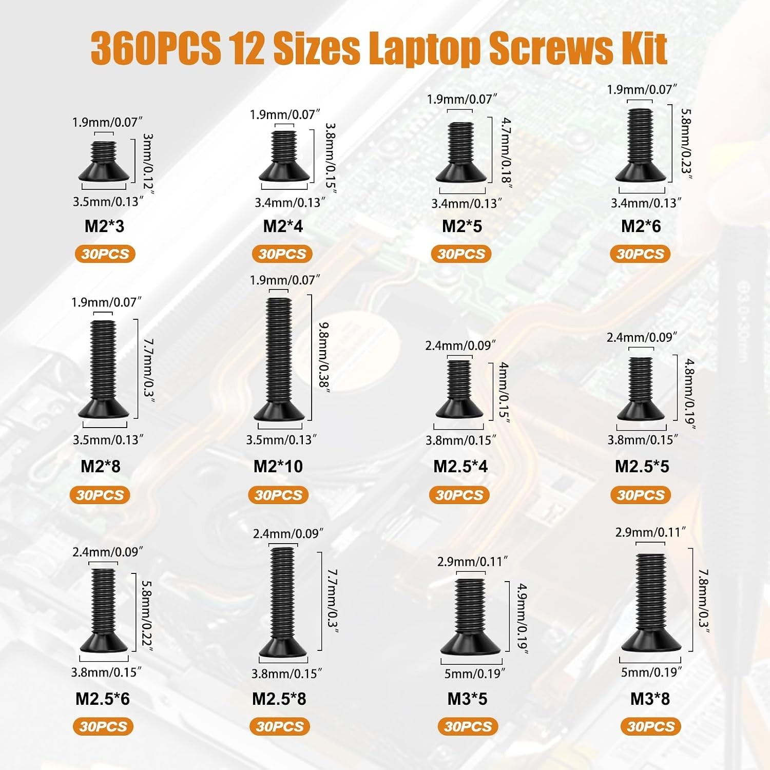 Professional 360pcs Laptop Screws – 12 Size Collection with Magnetic Driver