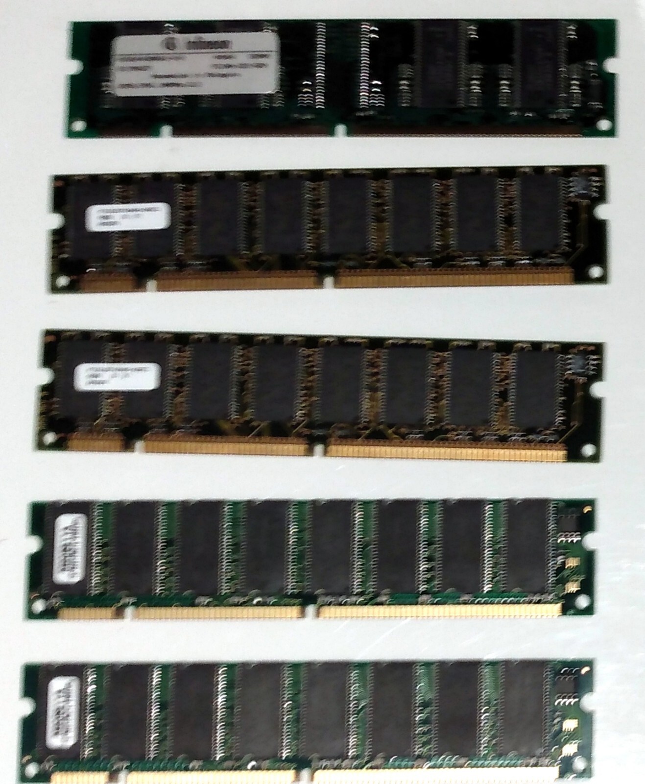 FIVE 168 PIN DIMM/SDRAM MEMORY MODULES, THREE 32MB AND TWO 128 MB
