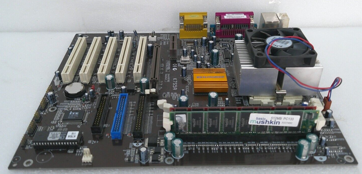 ECS K7S5A MB W/ AMD A1200AMS3C CPU, HEATSINK, FAN & MEMORY