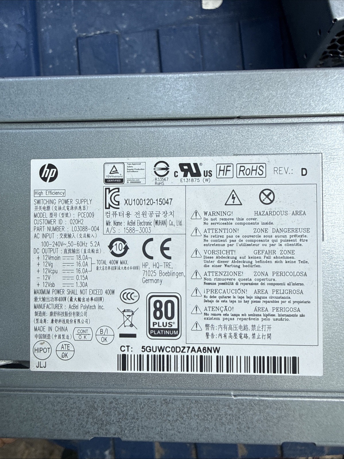 HP Z240 Workstation 400W Desktop Power Supply PSU PCE009 L03088-004 – Used