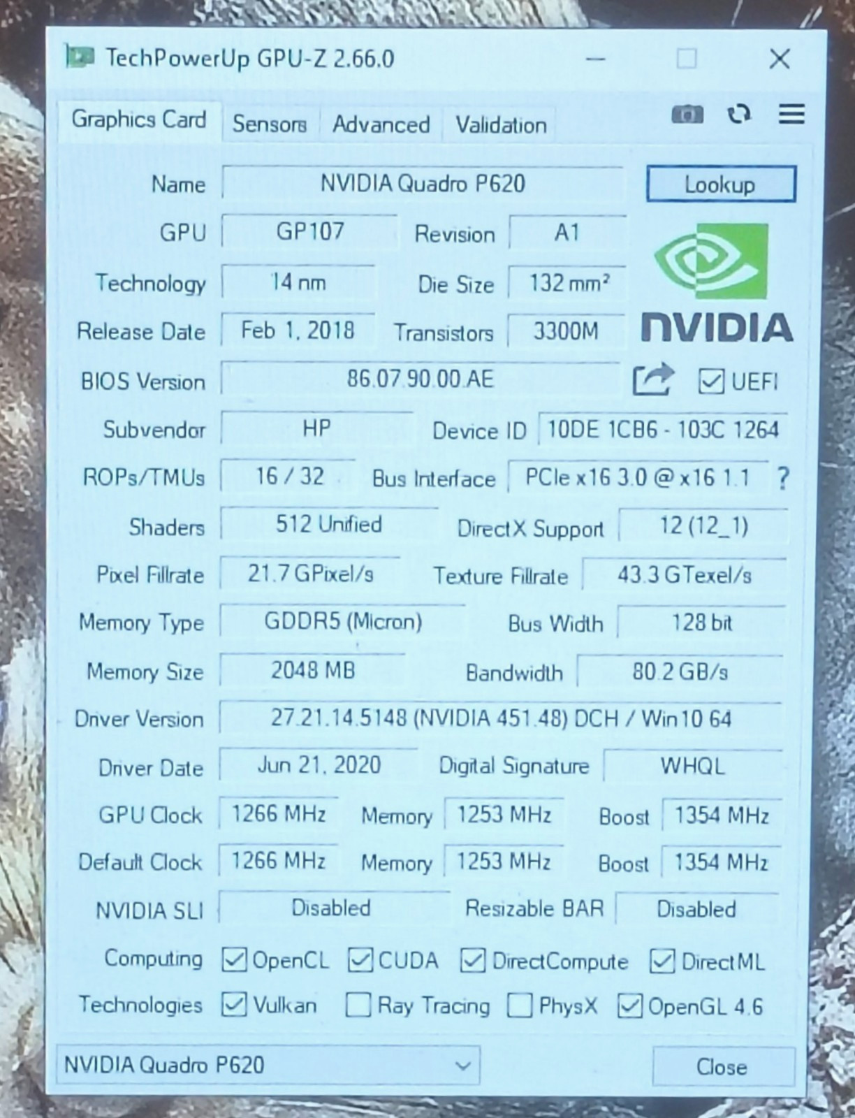 L11436-002 NVidia HP Quadro P620 2GB 4-Port DP GDDR5 128 bit Graphics Card