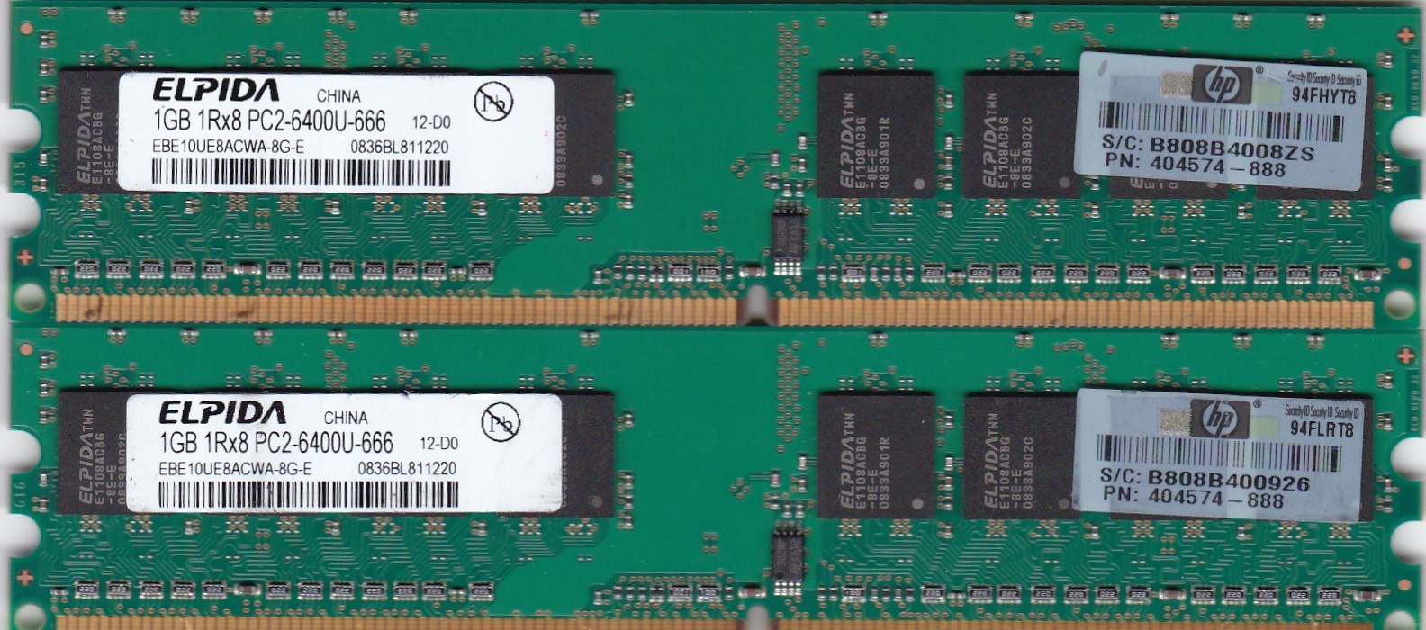 2GB 2x1GB PC2-6400 DDR2-800 ELPIDA EBE10UE8ACWA-8G-E HP 404574-888 MEMORY KIT
