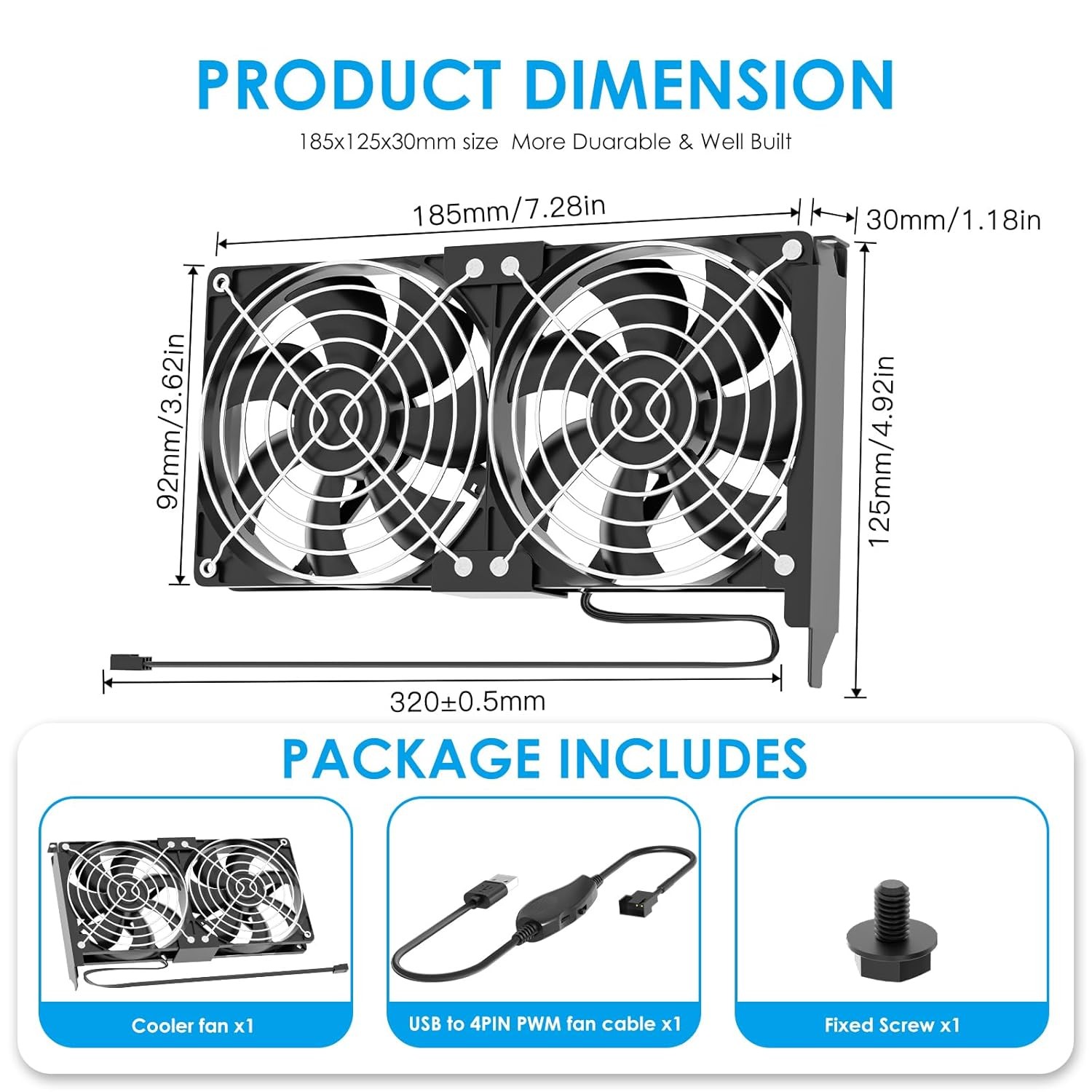 Reversible Dual 92mm PCI Slot Fan, USB Powered with Speed Adjustment, Cooling fo