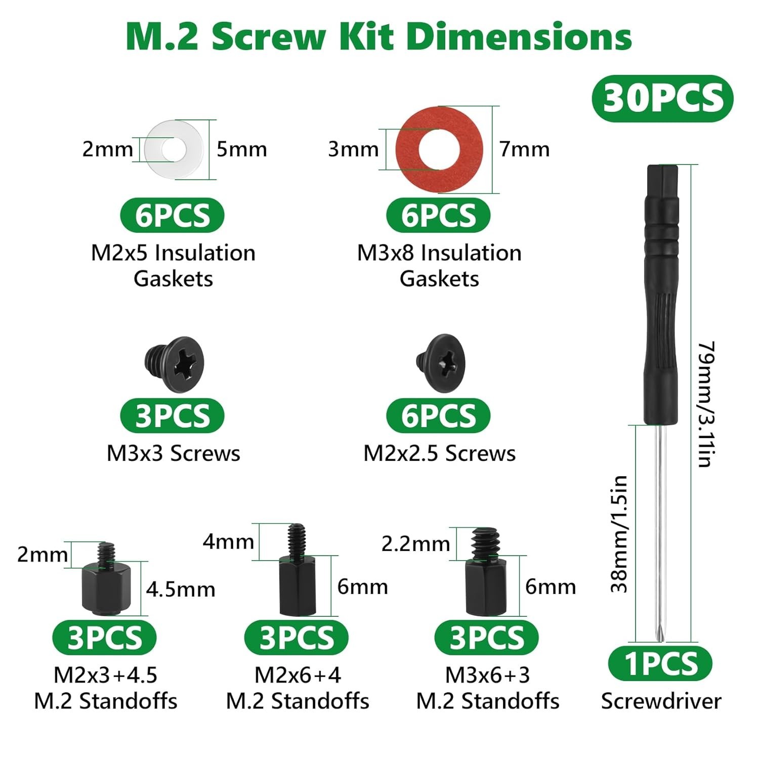 30PCS M.2 SSD Mounting Kit with Insulating Gaskets & Non-Magnetic Tool Set