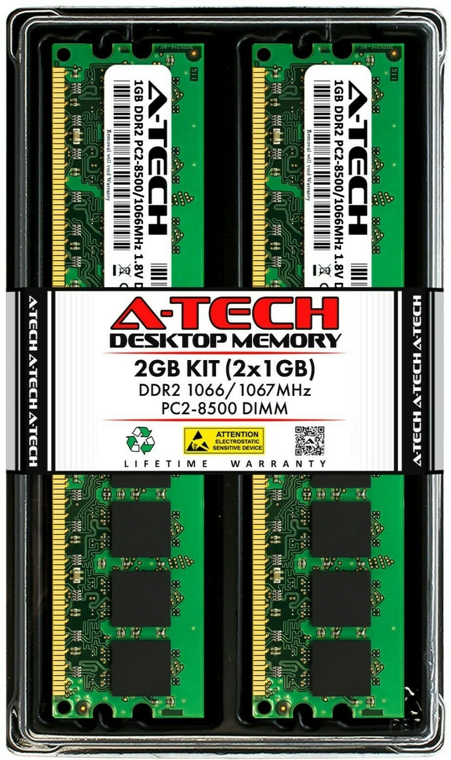 A-Tech 2GB 2x 1GB PC2-8500 Desktop DDR2 1066 MHz DIMM 240-Pin Non-ECC Memory RAM