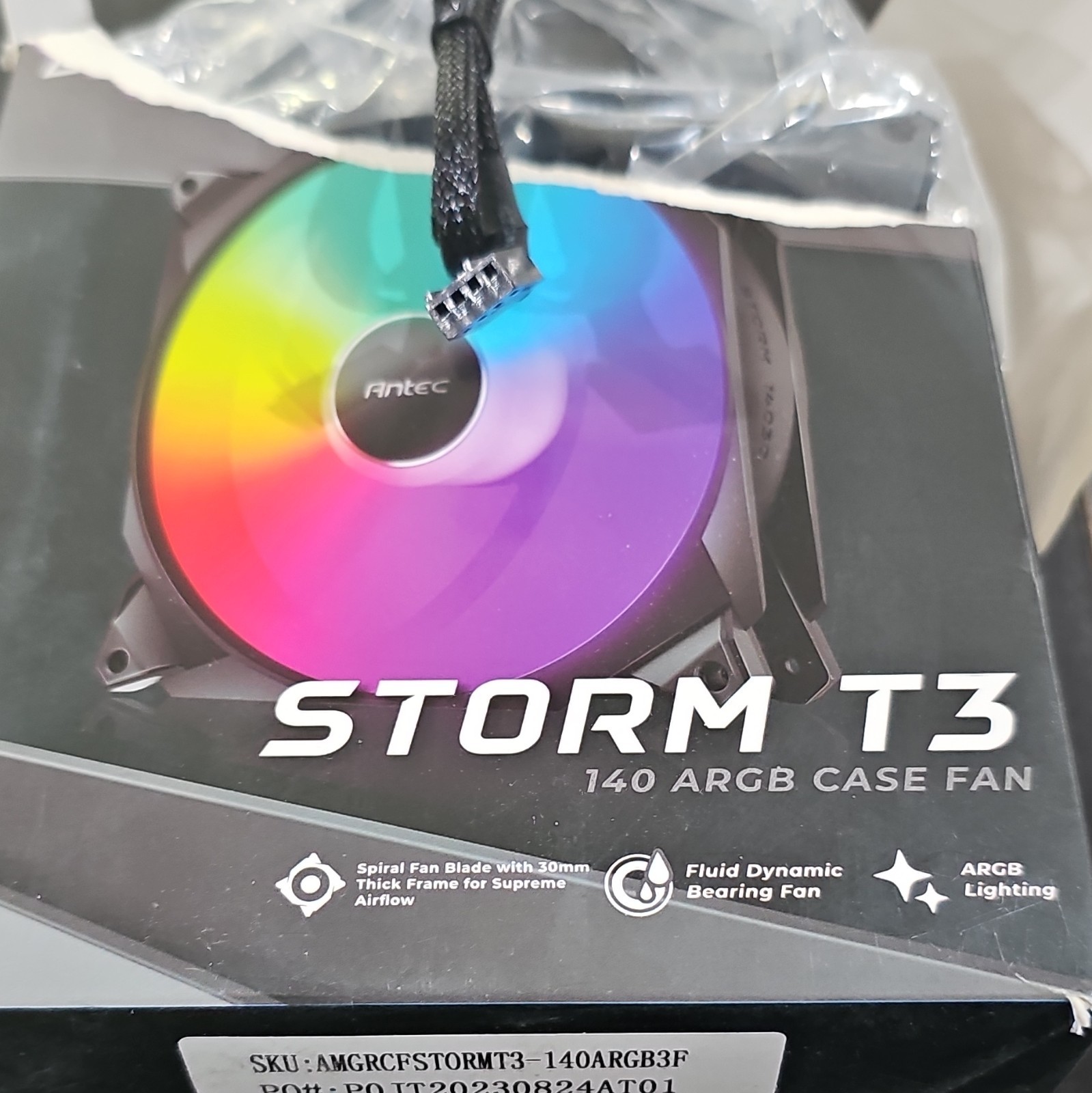Antec Storm T3 140mm ARGB Case Fan, 4-Pin PWM, Fluid Bearing, Black, 1500RPM