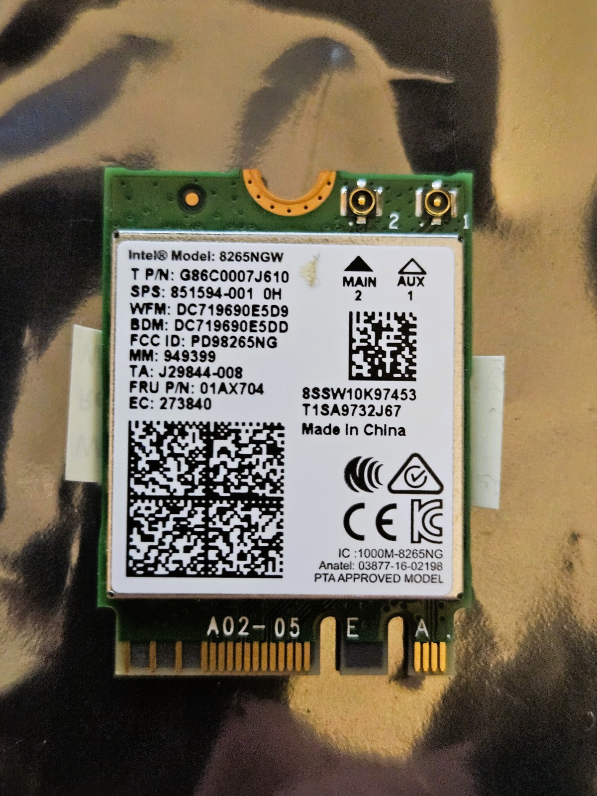 Intel Dual Band Wireless 8265NGW Wi-Fi + BT Board 01AX702 G86C0007J510