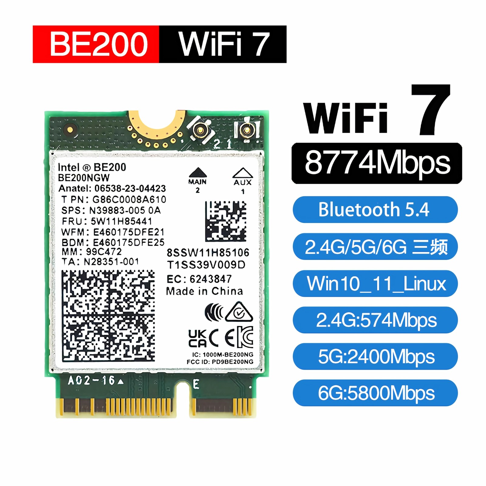 WiFi 7 BE200 NGW Wireless Card, Tri-Band 6GHz/5GHz/2.4GHz M.2 NGFF Bluetooth…
