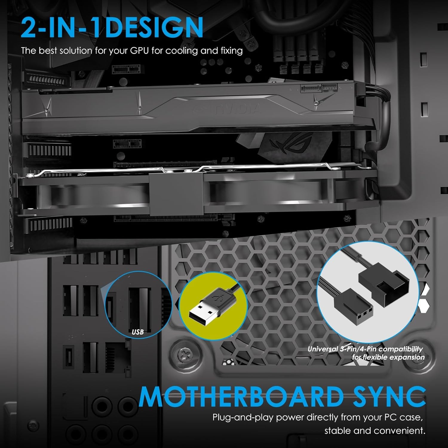 Reversible Dual 92mm PCI Slot Fan, USB Powered with Speed Adjustment, Cooling fo