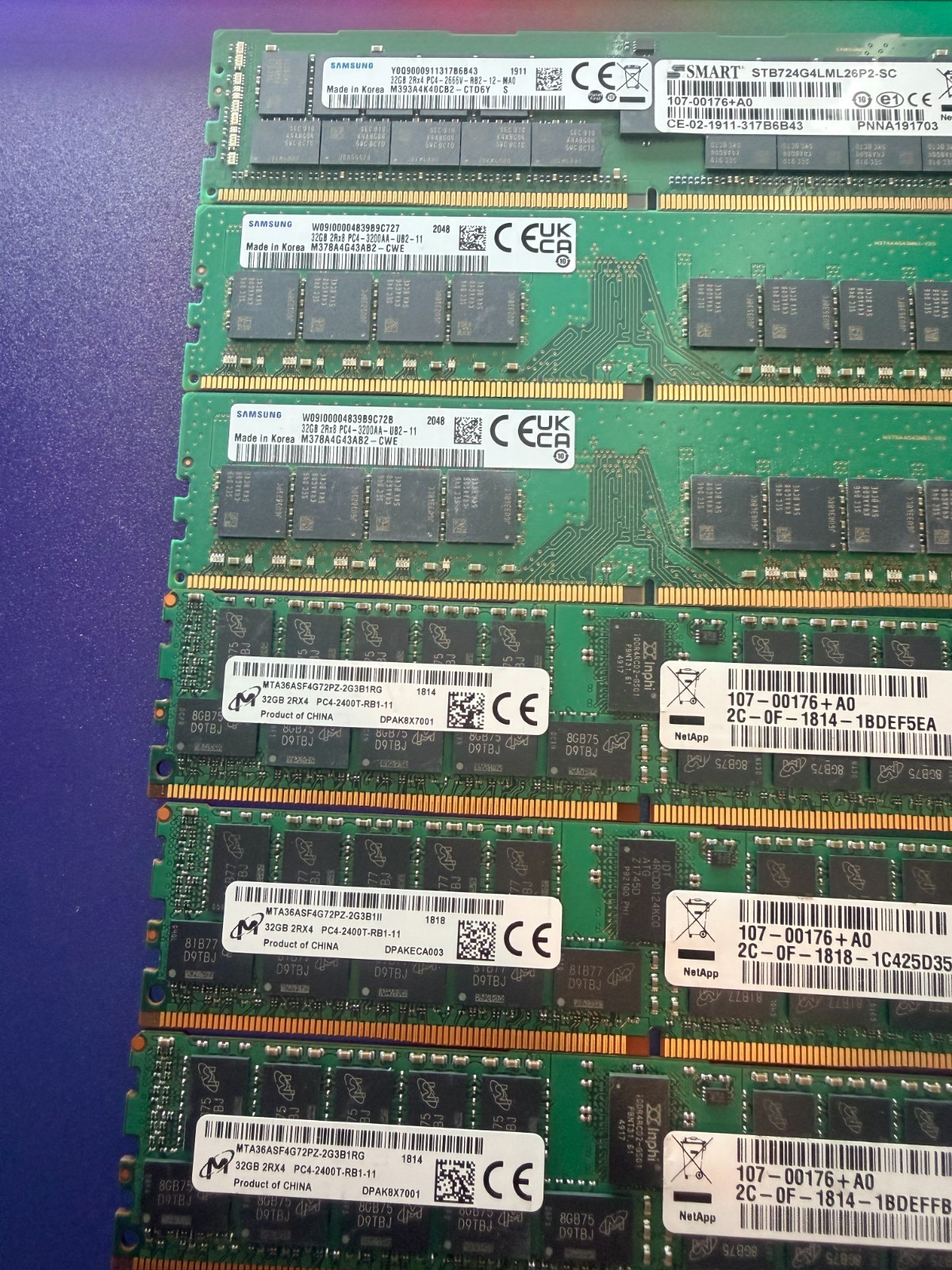 Lot of 6x DDR4 32GB memory modules. 3x 32GB 2400T 3x 32GB 3200AA. PC4, Working.