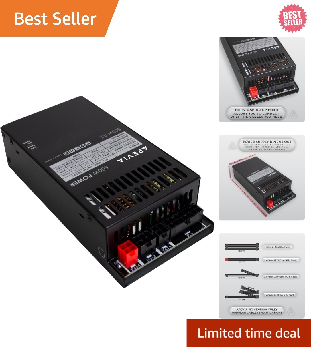 Apevia ITX-PFC500W Mini Itx/Flex ATX / 1U 500W Fully Modular Power Supply, Full