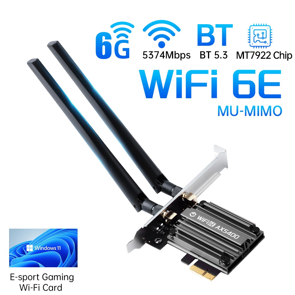 AXE5400 PCIe WiFi 6E Card 5374Mbps Tri-Band BT 5.3 MT7922 Gaming Desktop Adapter