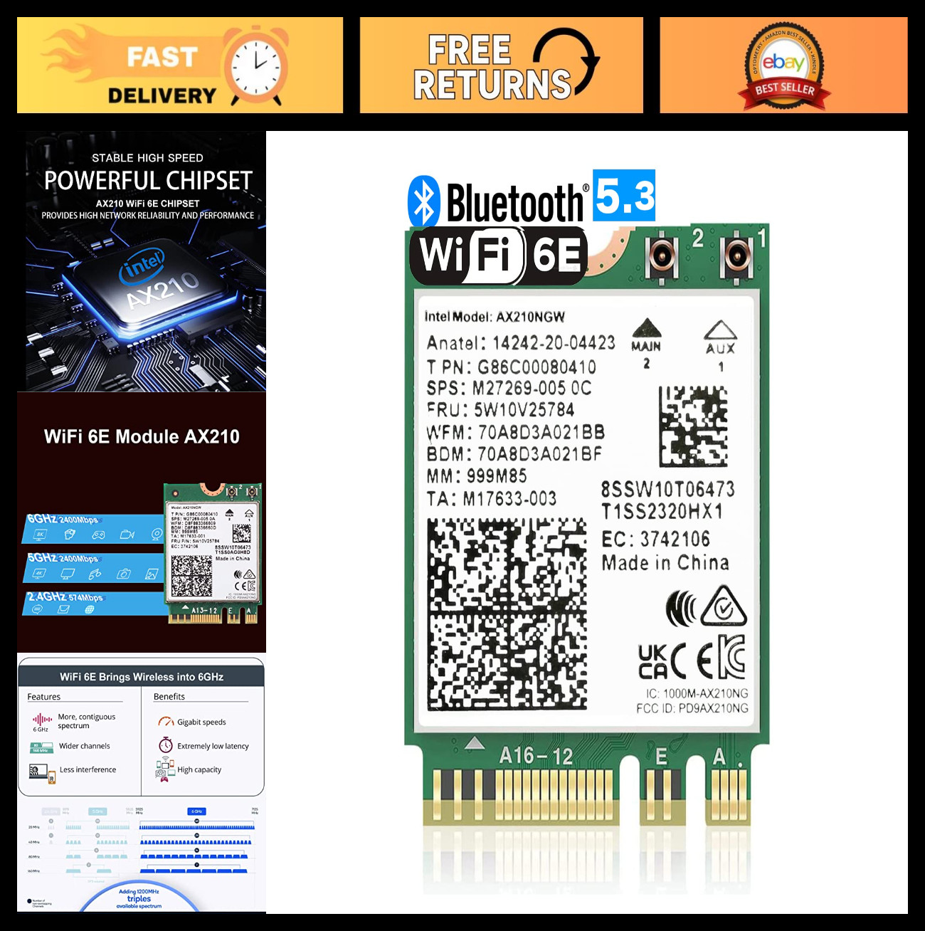 «WiFi 6E AX210 M.2 Wireless Card with Bluetooth 5.3, 5400Mbps, MU-MIMO, Low Late
