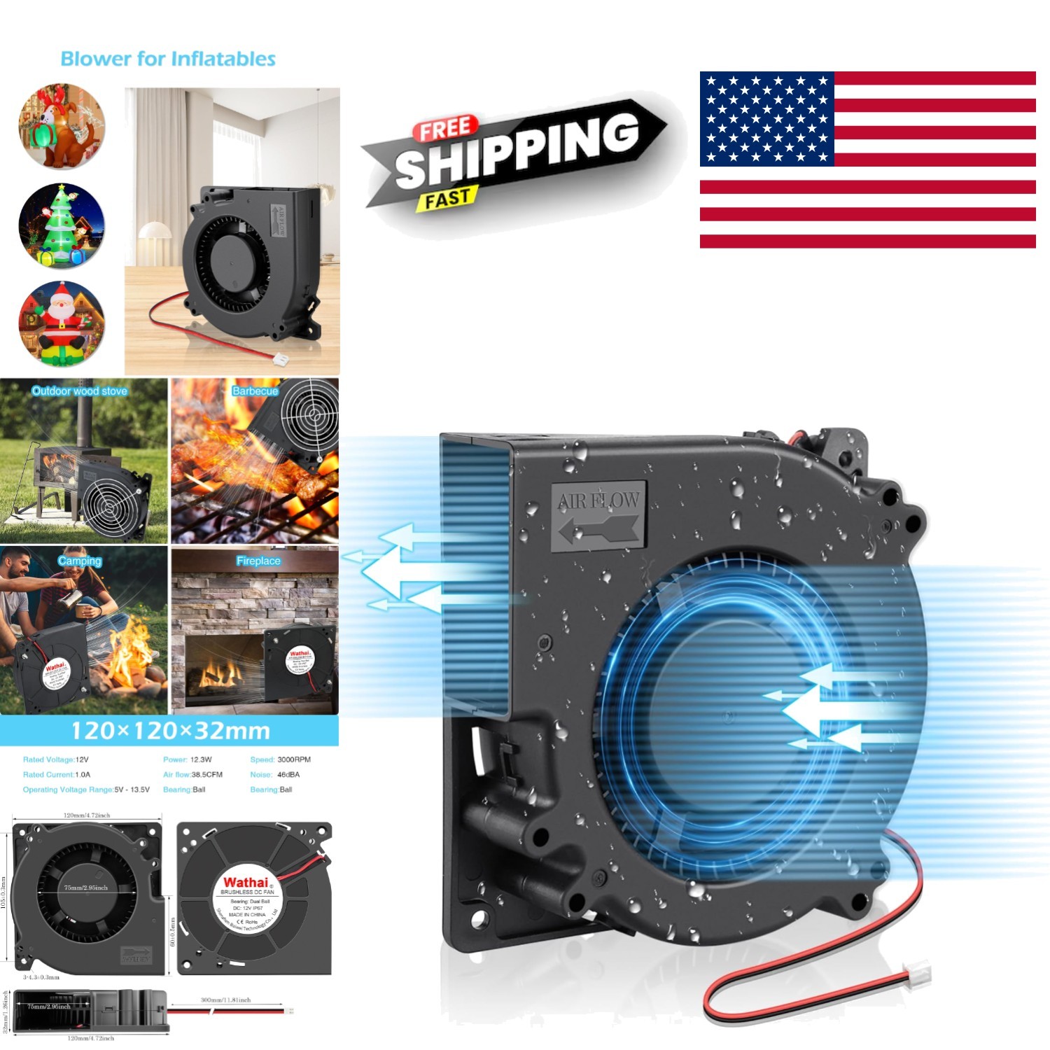 Waterproof Blower Fan 120mm x 32mm 12V for Outdoor Inflatable Decorations