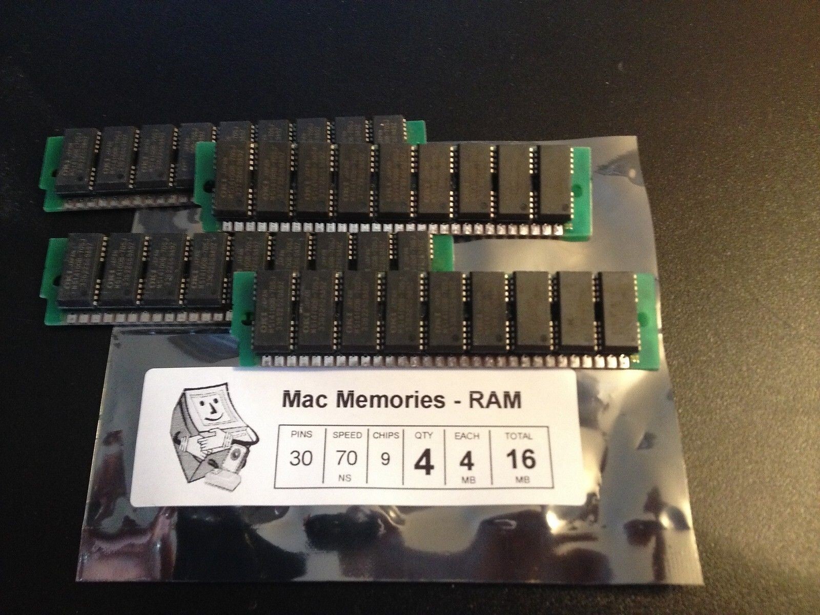 4x 4MB 30-Pin 9-chip 70ns Parity FPM Memory SIMMs 16MB Apple RAM Macintosh II