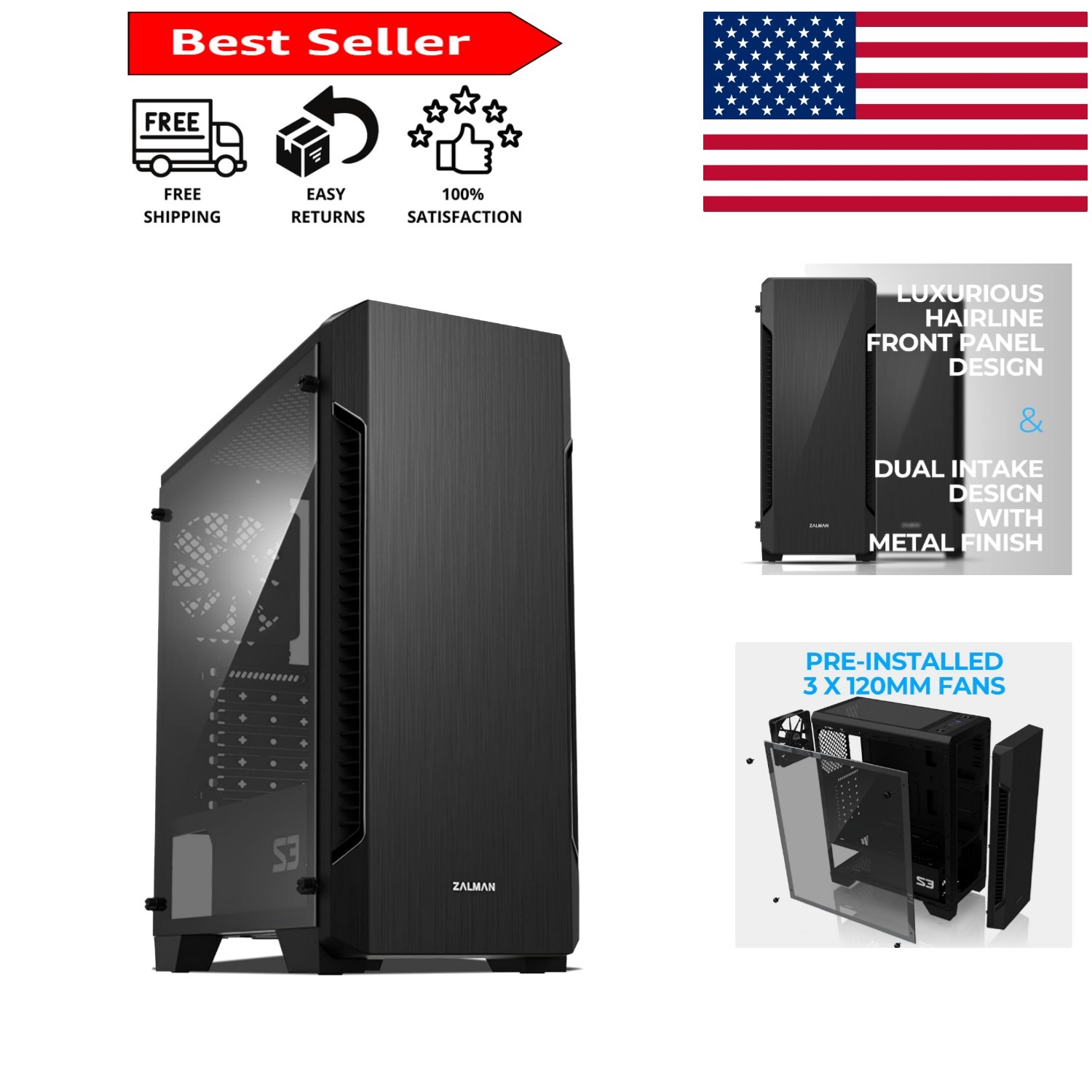 S3 Mid-Tower PC Case with Full Acrylic Side Panel & 3x 120mm Fans – Sleek Black