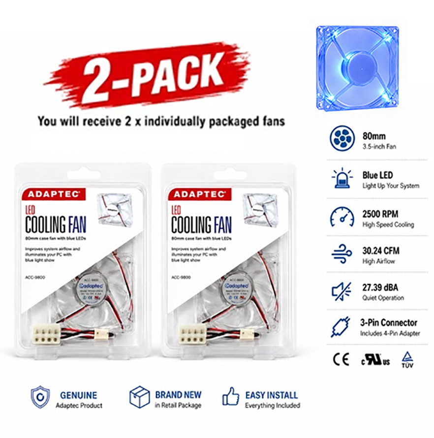 Adaptec 80x80x25mm Blue LED PC Case Cooling Fan 3Pin & 4Pin Molex 2500RPM 2-Pack