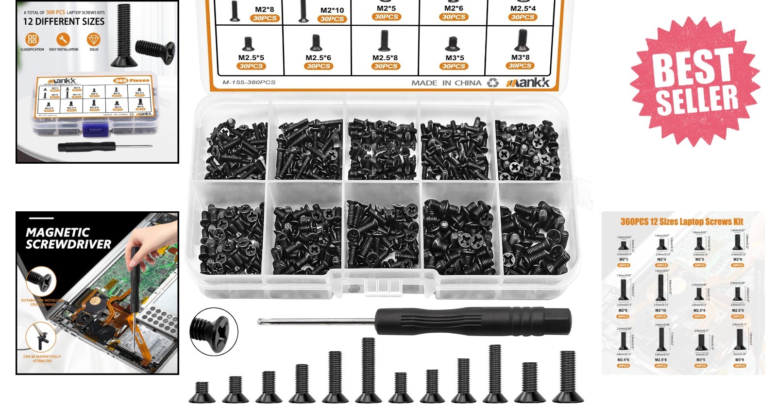 Professional 360pcs Laptop Screws – 12 Size Collection with Magnetic Driver