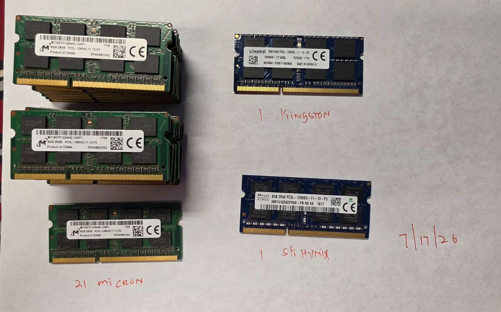 Lot of 23 Mixed Brand Laptop Memory 8GB DDR3 RAM- 21 Micron/1 Kingston/1 SKHynix
