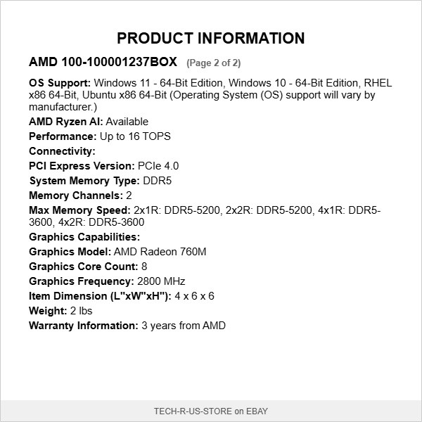 AMD 100-100001237BOX 100-100001237BOX Ryzen 5 8600G 6Cores/12Threads 4.3GHz 65W