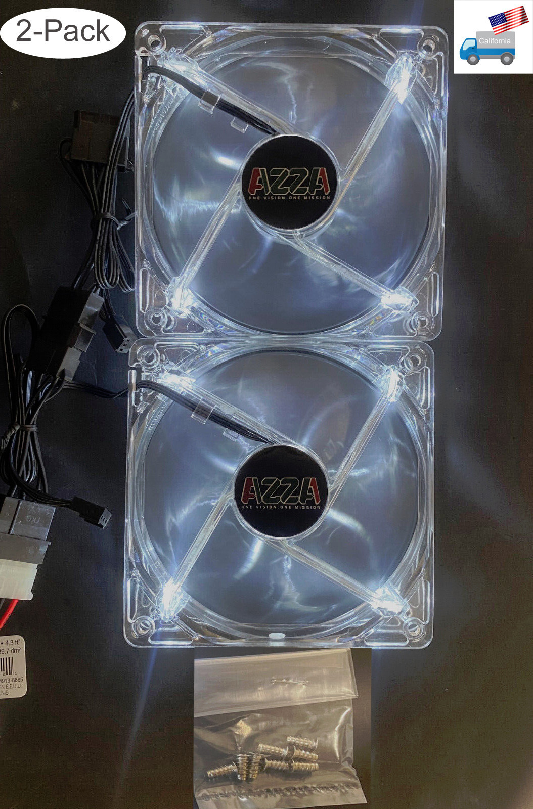 LOT 2pcs: NEW AZZA 120mm White LED 3pin/ Molex Gaming PC Case Clear Cooling Fan