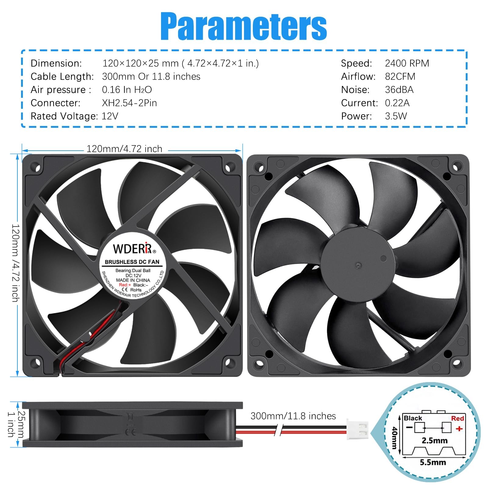 WDERAIR 120mm x 25mm 12V DC Computer Brushless 2Pin PC Case Cooling Fan 12025