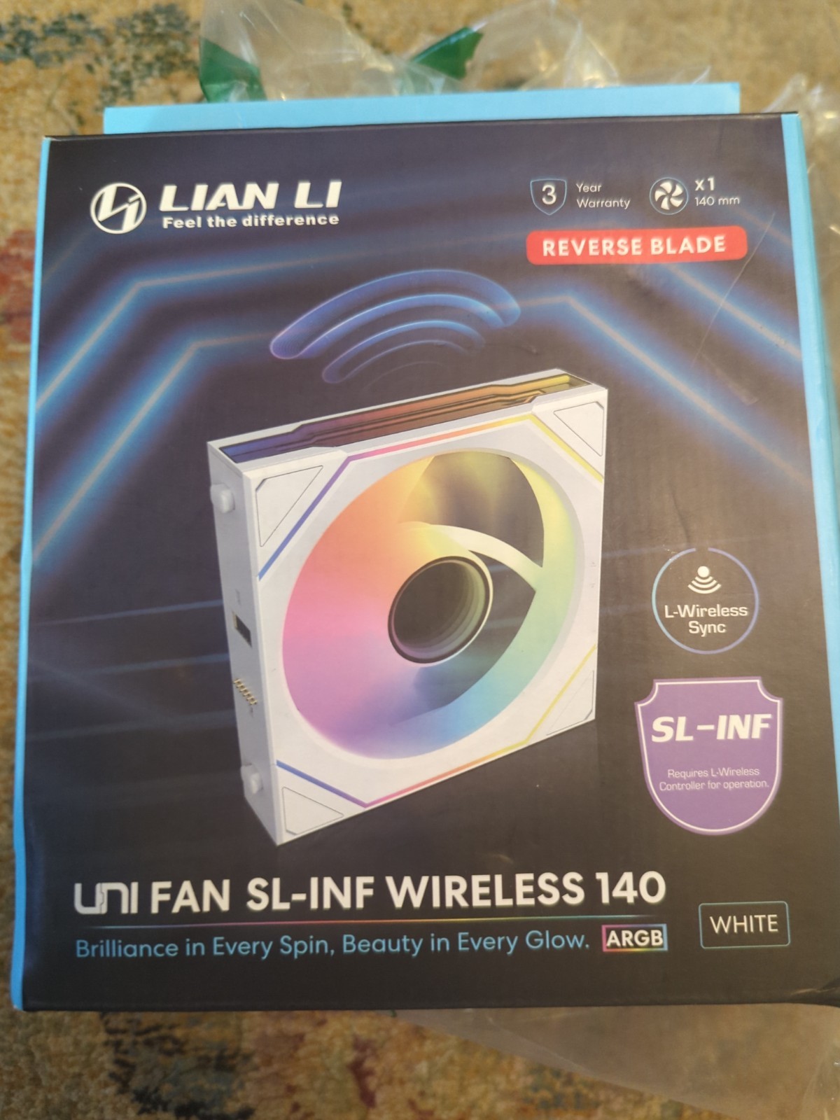 New in open box. Lian Li UNI FAN SL-INF Wireless 140 – White, RGB, Reverse Blade