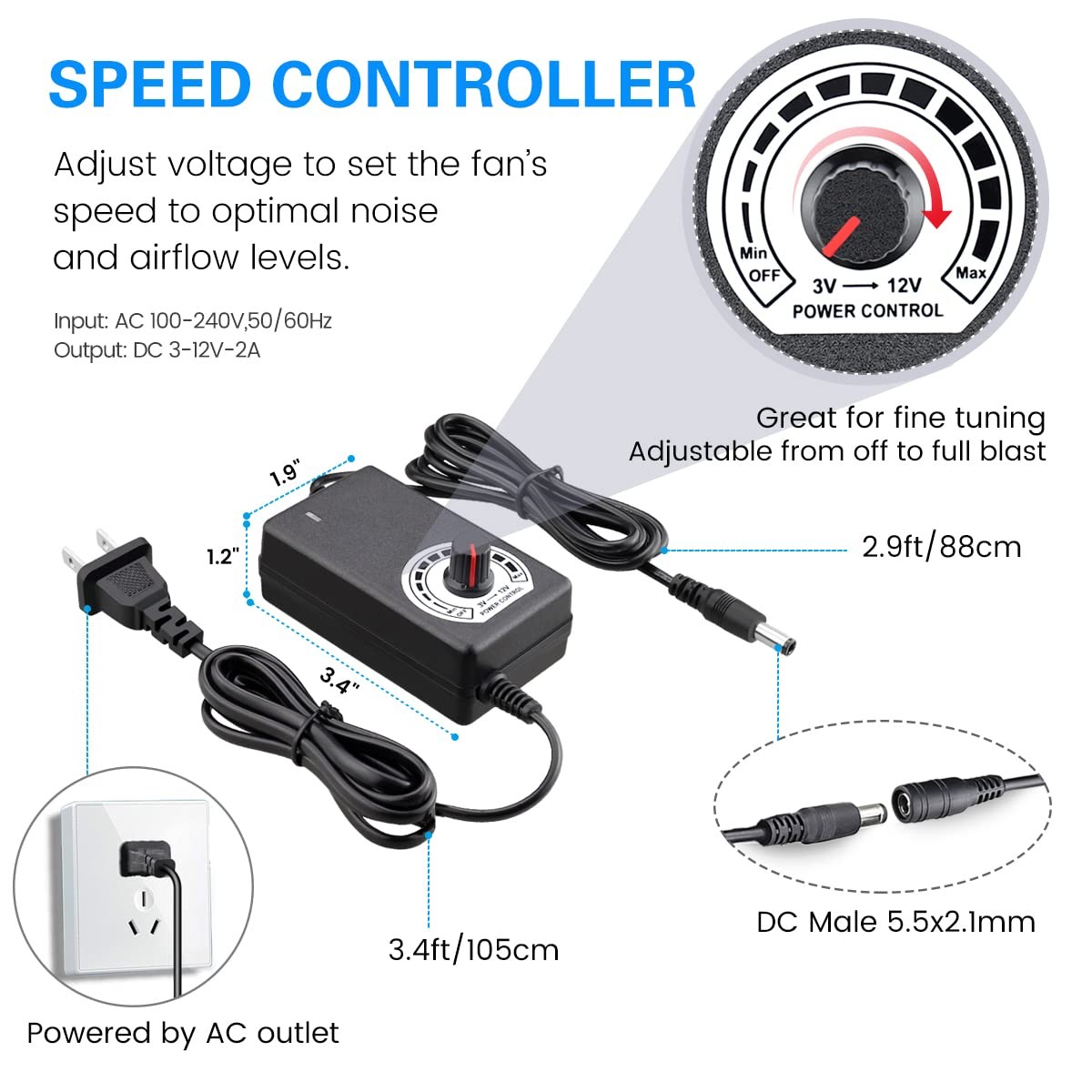120mm x 32mm Blower Fan 12V with 110V 120V AC Powered Variable Speed Controll…