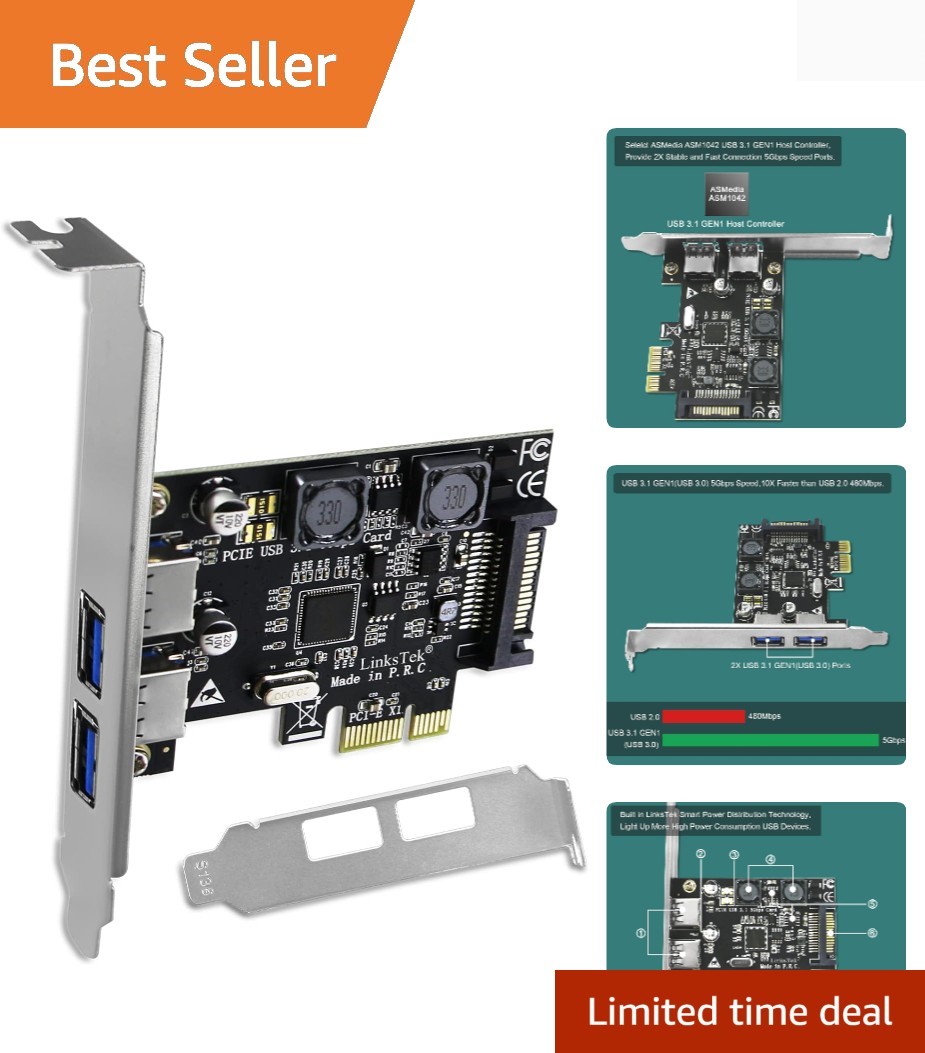 2-Ports PCIE USB 3.0 USB 3.1 5Gbps Expansion Card for Desktop PCs, 2X 5Gbps U…