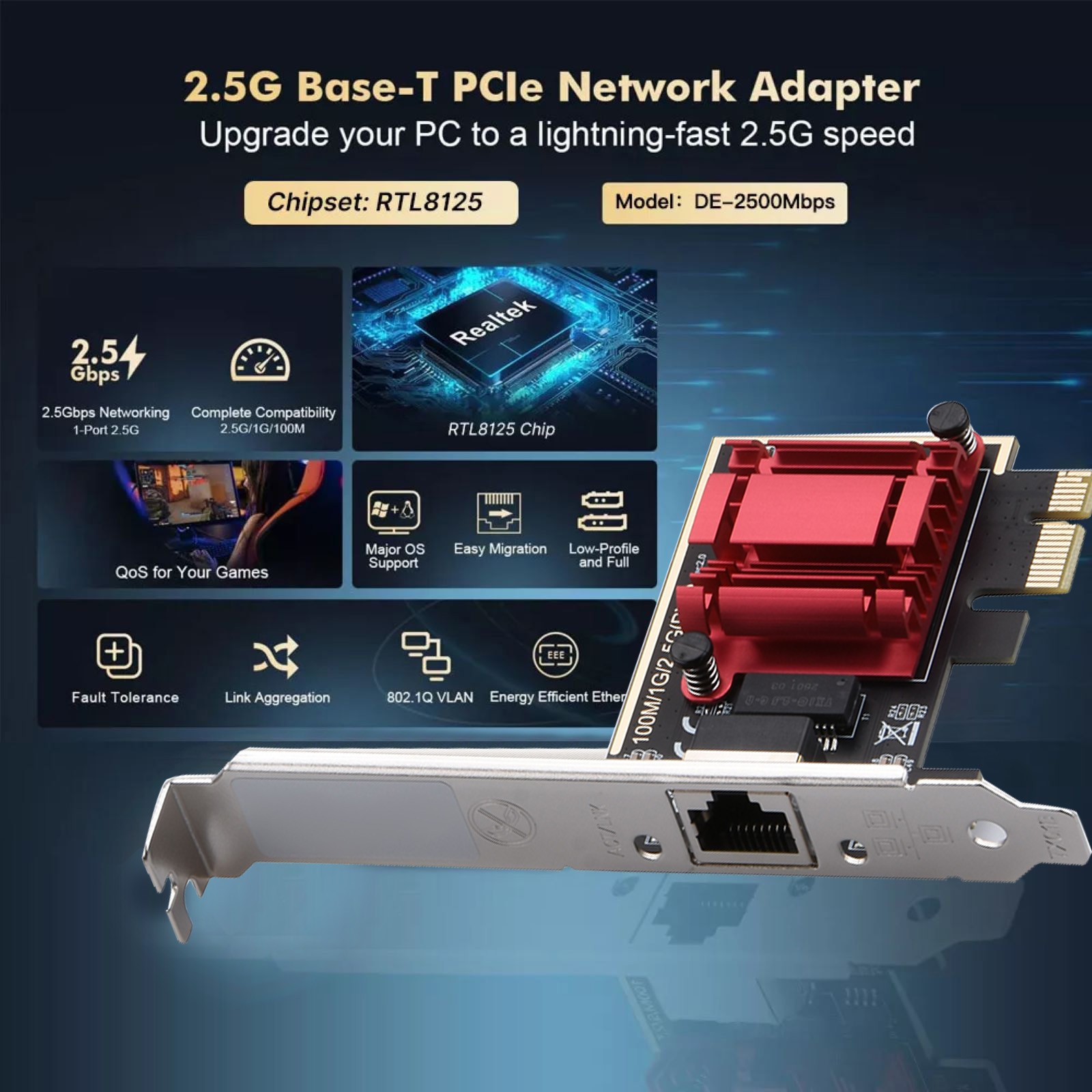 For Win10/11 Network Adapter Card 2.5G Ethernet Card Auto-Negotiation Capability