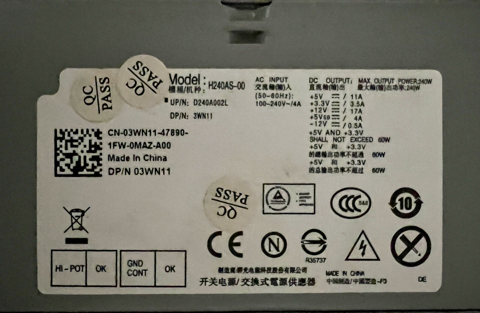 240W Power Supply SFF For Dell L240AS-00 L240ES-00 H240ES-00 H240AS-00 2TXYM