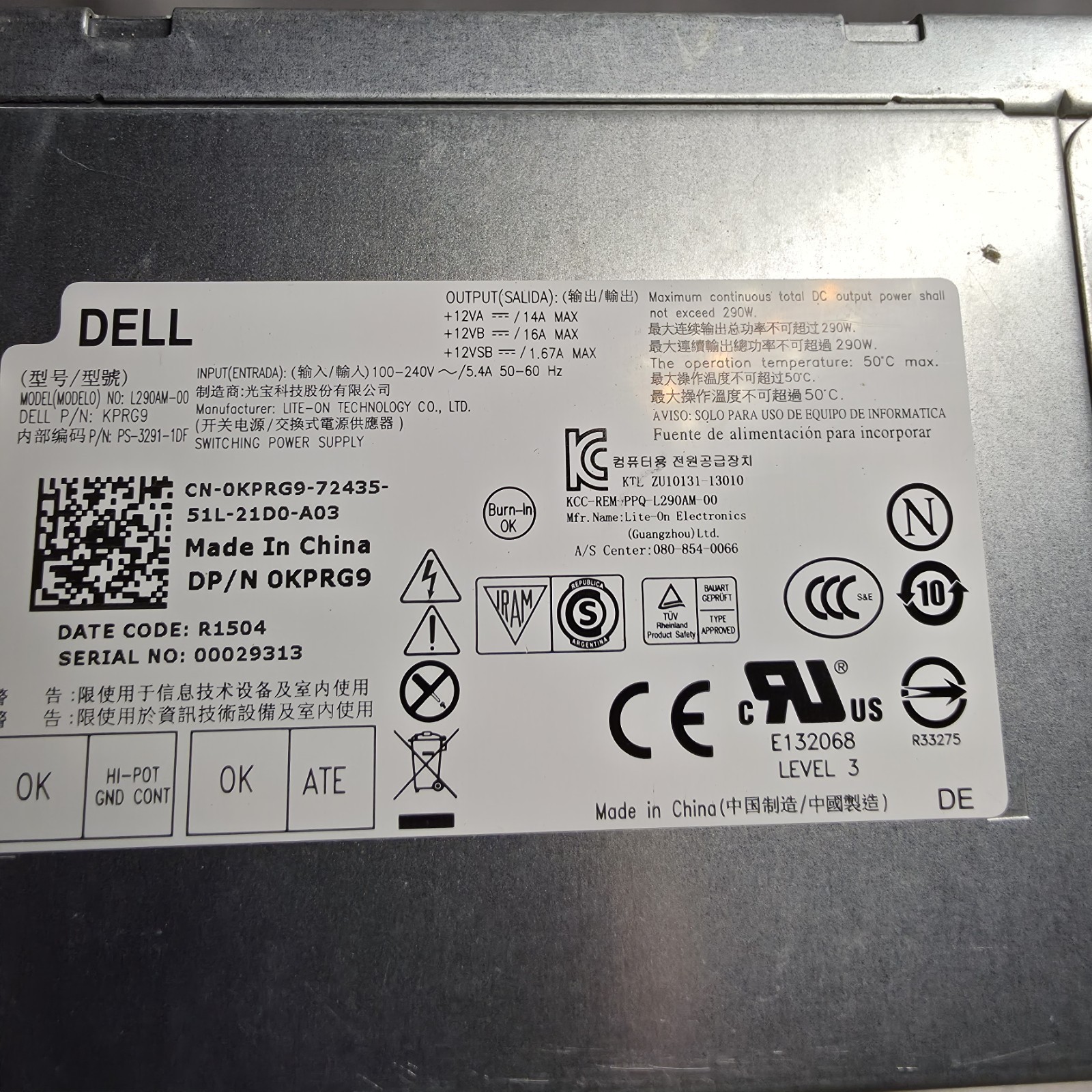 Dell 290W Power Supply KPRG9 L290AM-00 OptiPlex 3020 7020 9020 MT PSU