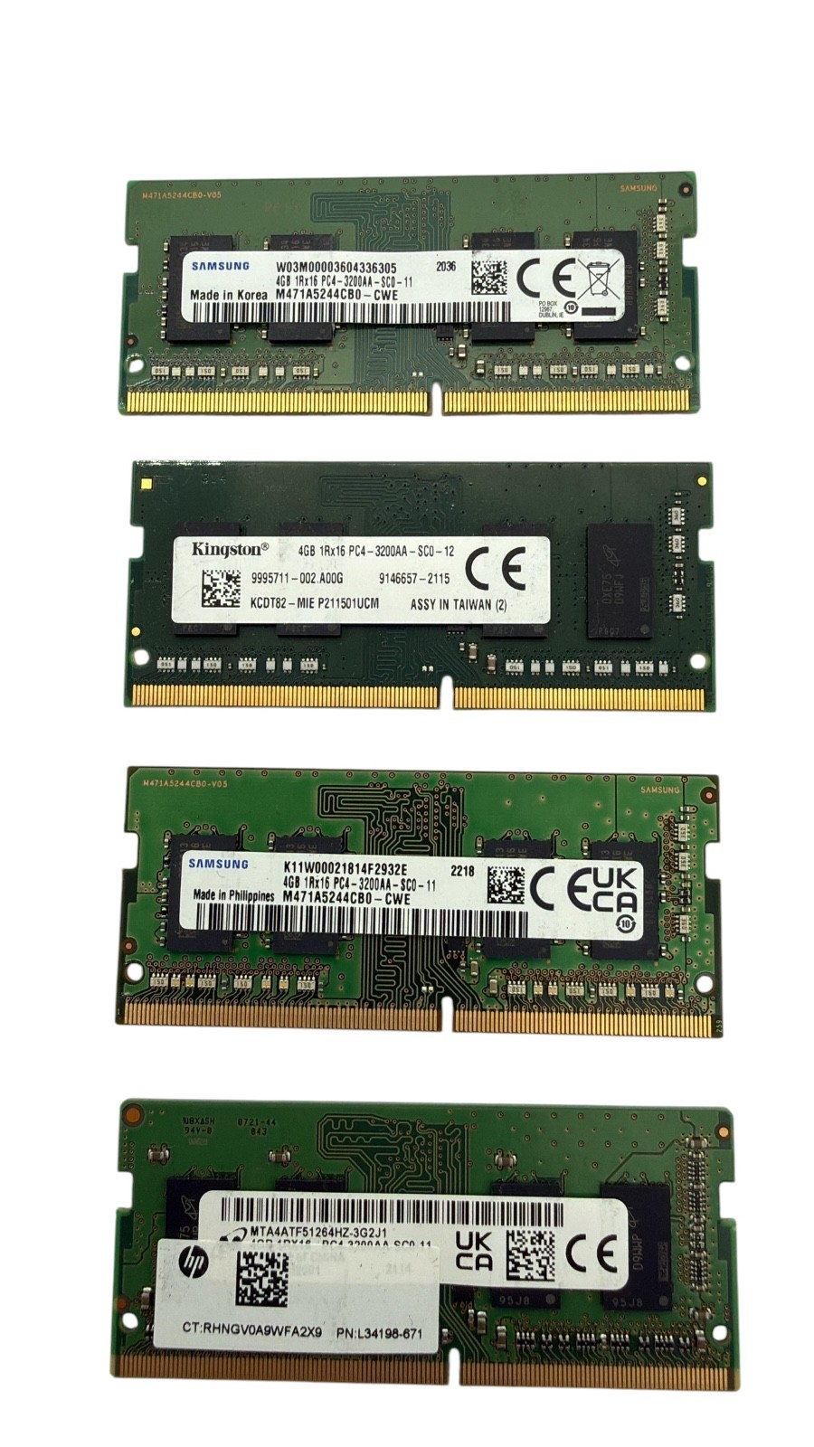 Lot of 4 Major Brand 4GB 1Rx16 PC4-25600 DDR4-3200AA SDRAM SODIMM Laptop Memory