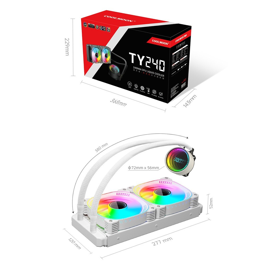 Liquid CPU Cooler 240mm White Minimalist In-One Water Cooling System Radiator