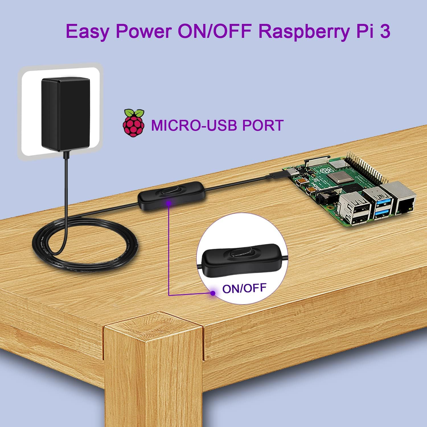 [UL Listed] Iuniker Raspberry Pi Power Supply with Switch 15W 5V 3A Micro USB Ra