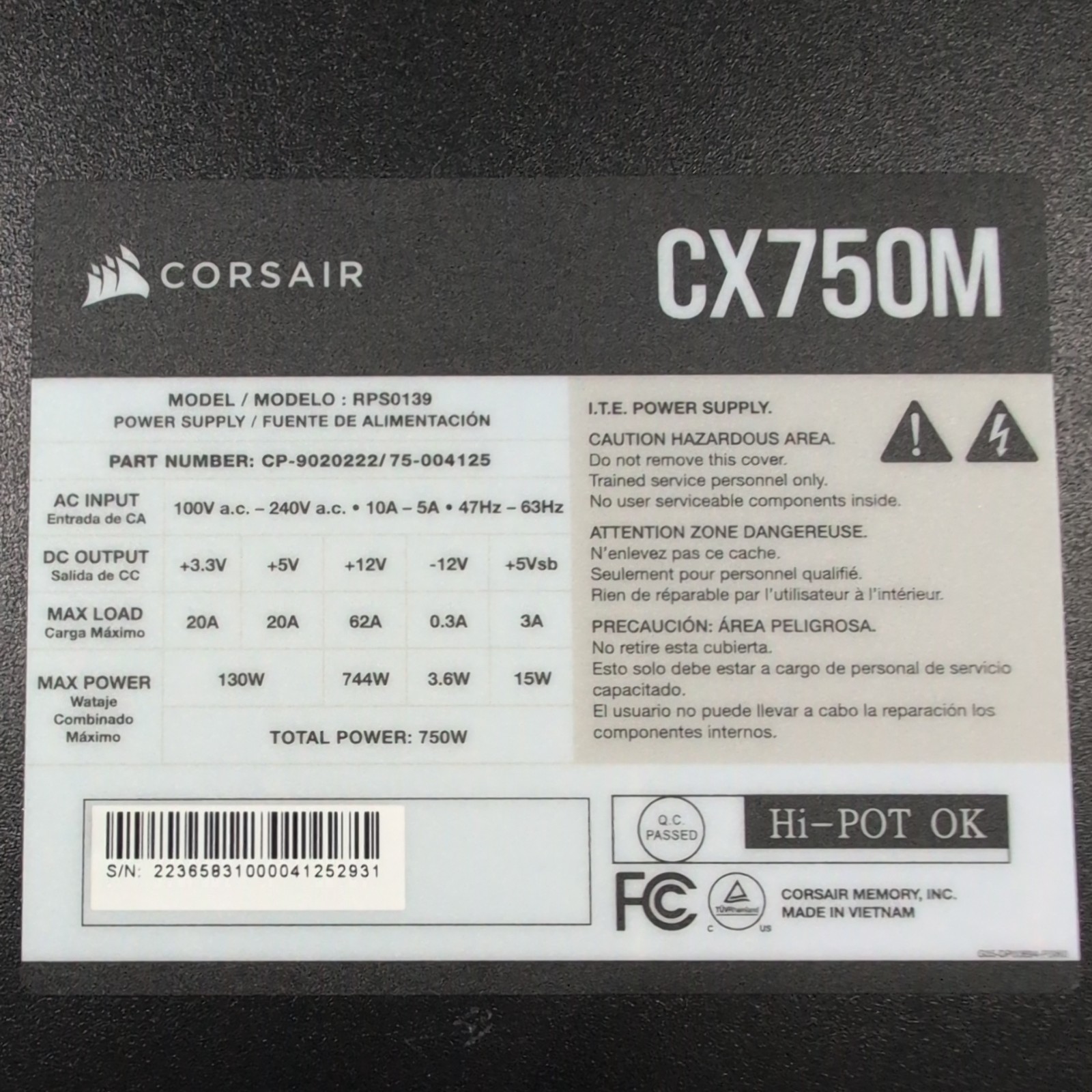 Corsair CX750M 750W 80 Plus Semi Modular (75-002019) Power Supply Bronze