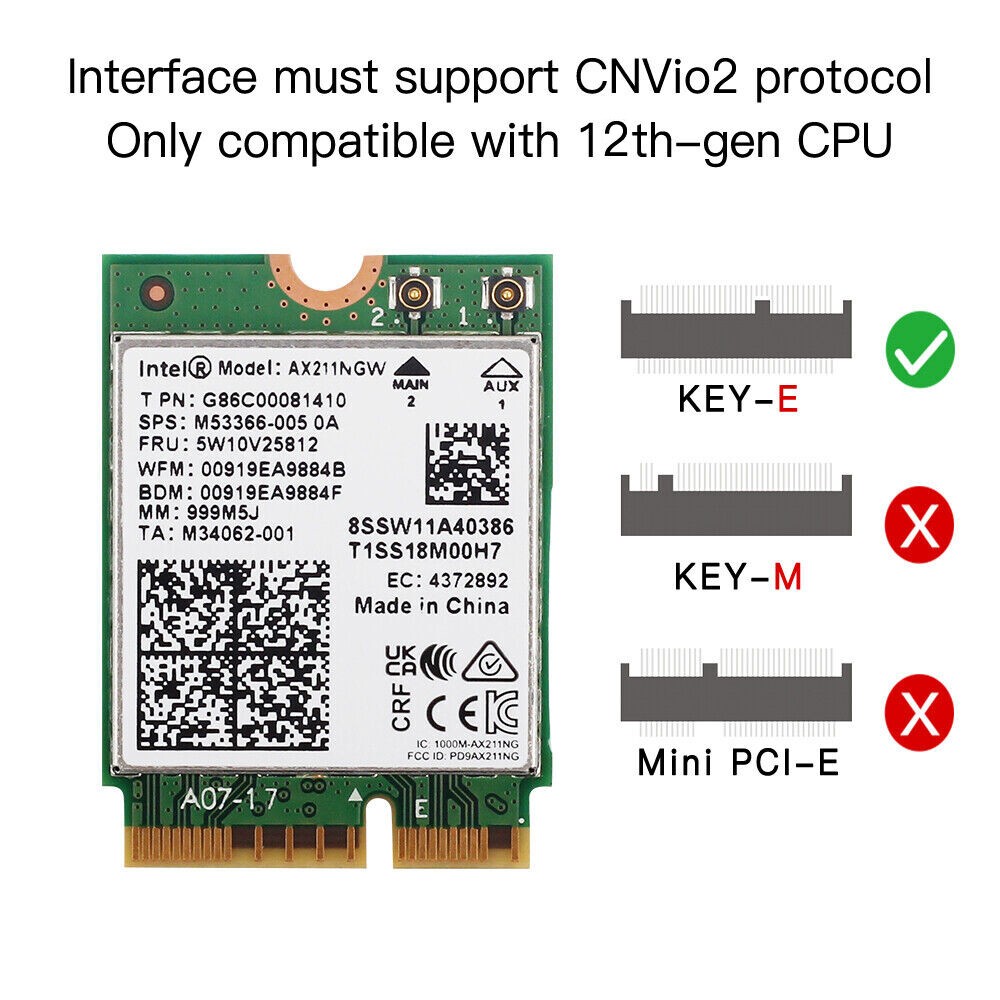 Intel Wi-Fi 6E AX211NGW M.2 2230 CNVio2 Key E 802.11ax WiFi Card WiFi Antenna PC