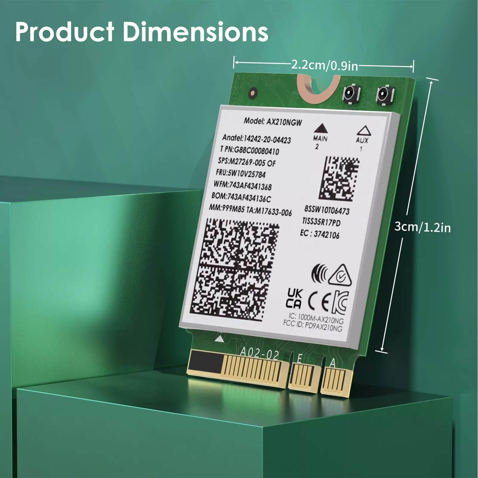 WiFi 6E AX5400 M.2 Module 2.4GHz: 574Mbps 5GHz: 2400Mbps 6GHz: 2400Mbps