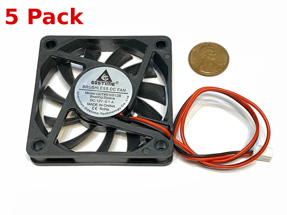 5 Pack 60mm 6010 12V Brushless DC Fan 60x60x10mm Slim 10mm 2-Pin Cooling A11